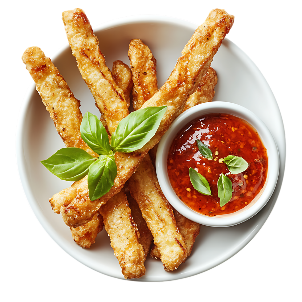 Crispy Mozzarella Sticks in Spicy Sauce PNG Against Transparent Background for Snack Branding, Appetizer Promotion, or Fast Food Marketing