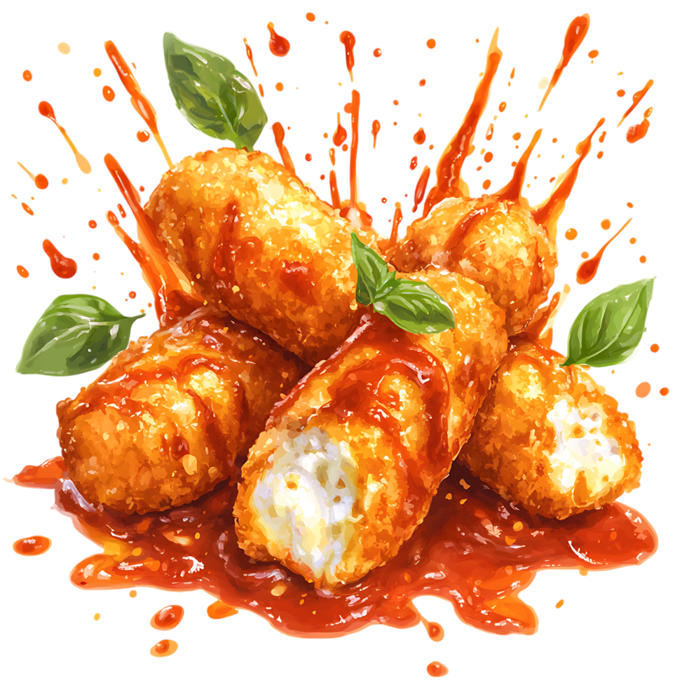 Crispy Mozzarella Sticks in Spicy Sauce PNG Against Transparent Background for Snack Branding, Appetizer Promotion, or Fast Food Marketing