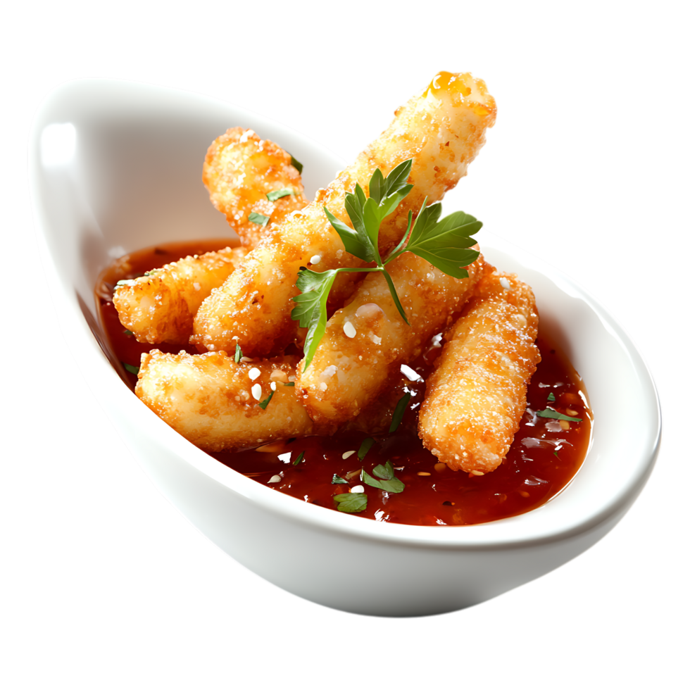 Crispy Mozzarella Sticks in Spicy Sauce PNG Against Transparent Background for Snack Branding, Appetizer Promotion, or Fast Food Marketing