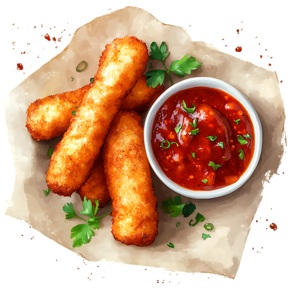 Crispy Mozzarella Sticks in Spicy Sauce PNG Against Transparent Background for Snack Branding, Appetizer Promotion, or Fast Food Marketing