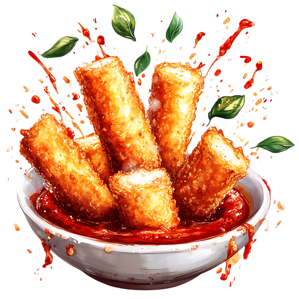 Crispy Mozzarella Sticks in Spicy Sauce PNG Against Transparent Background for Snack Branding, Appetizer Promotion, or Fast Food Marketing