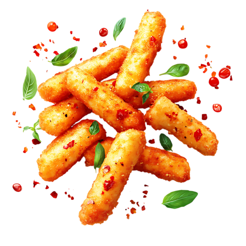 Crispy Mozzarella Sticks in Spicy Sauce PNG Against Transparent Background for Snack Branding, Appetizer Promotion, or Fast Food Marketing