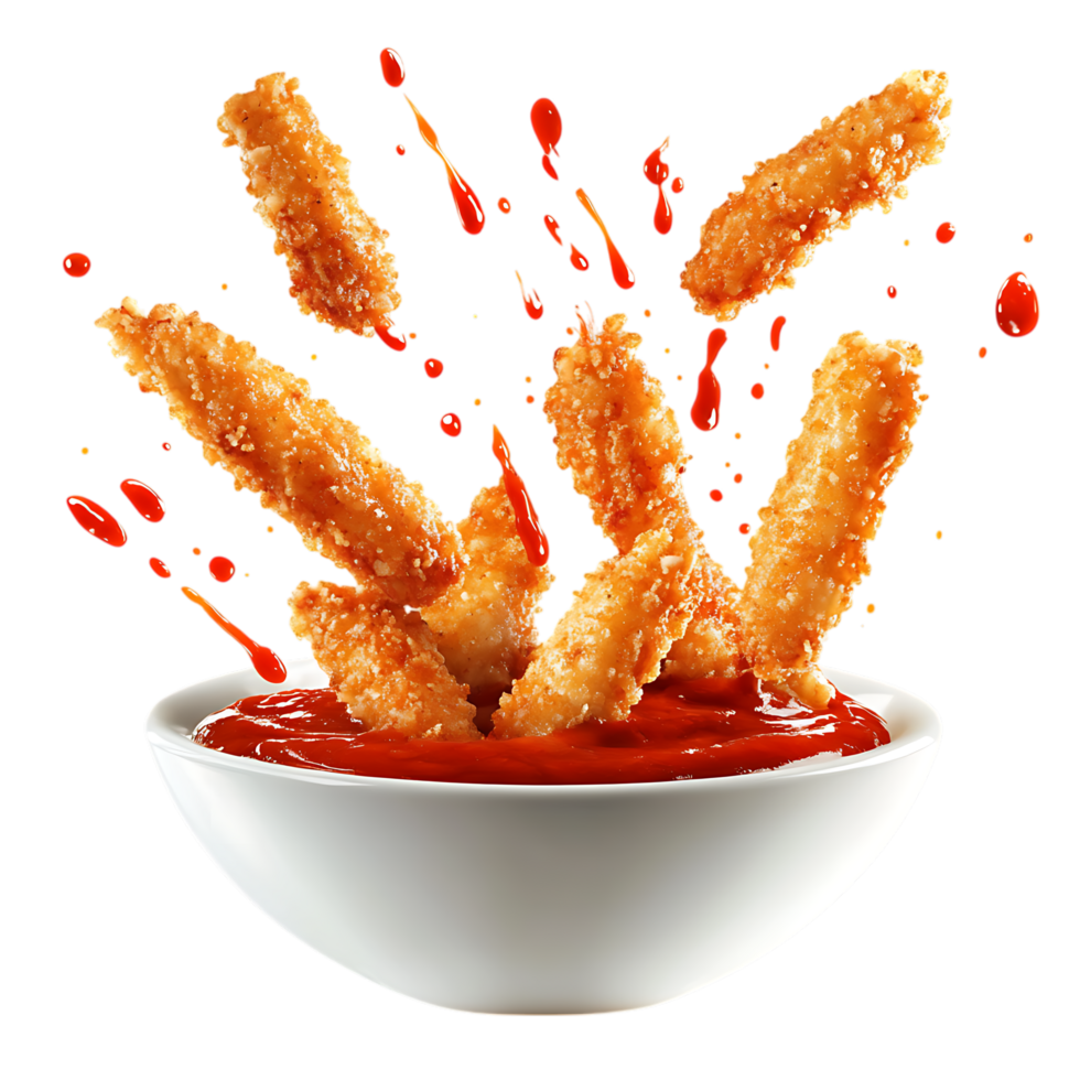 Crispy Mozzarella Sticks in Spicy Sauce PNG Against Transparent Background for Snack Branding, Appetizer Promotion, or Fast Food Marketing