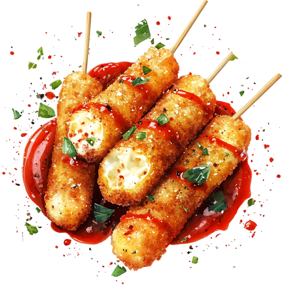 Crispy Mozzarella Sticks in Spicy Sauce PNG Against Transparent Background for Snack Branding, Appetizer Promotion, or Fast Food Marketing