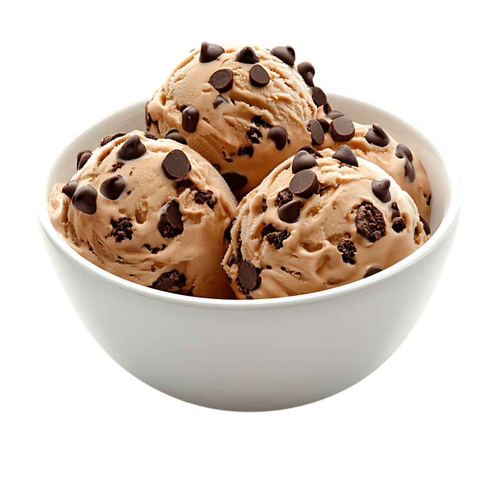 Creamy Chocolate Chip Ice Cream Bowl PNG Against Transparent Background for Dessert Branding, Sweet Treat Promotion, or Food Art