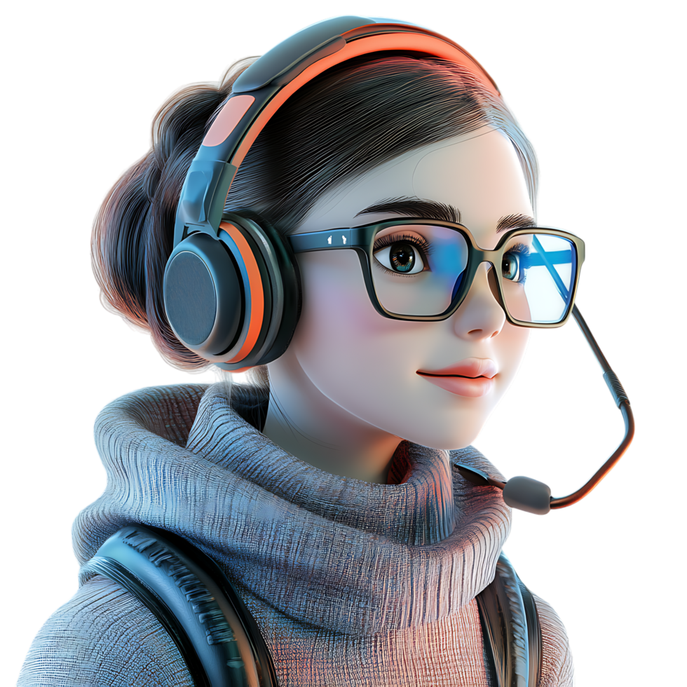 3D Character with Glasses and Headset PNG Against Transparent Background for Customer Support, Call Center, or Online Assistance Design