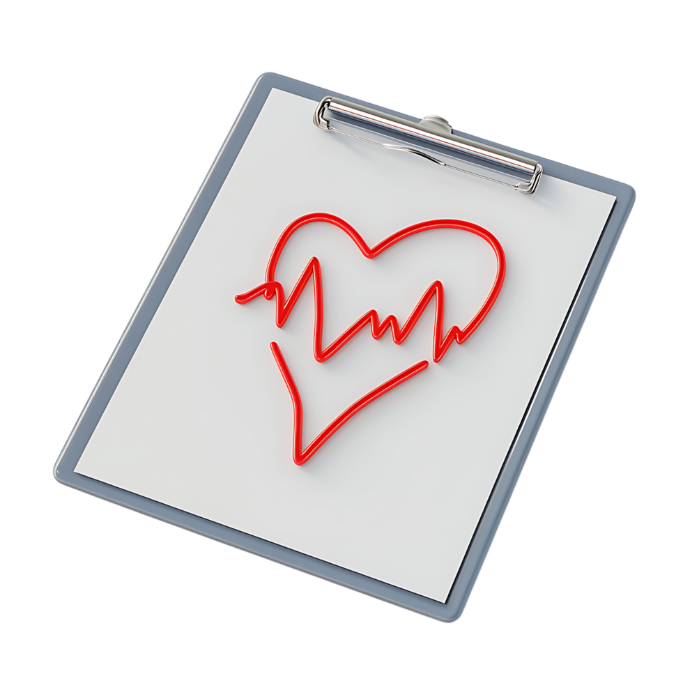3D Render of Heartbeat Symbol on Clipboard PNG Against Transparent Background for Medical Branding, Healthcare, or Wellness Projects