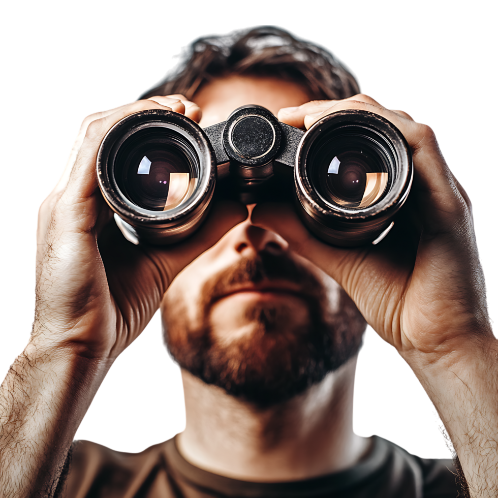 PNG Man Holding Binoculars and Looking Through Against Transparent Background