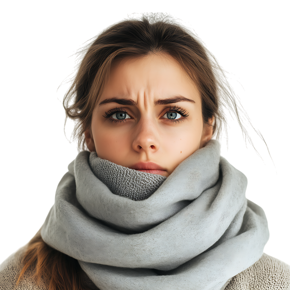 PNG Woman with a Sore Throat Wearing a Gray Scarf Against Transparent Background for Medical Branding, Healthcare Awareness, or Pharmacy Advertisements
