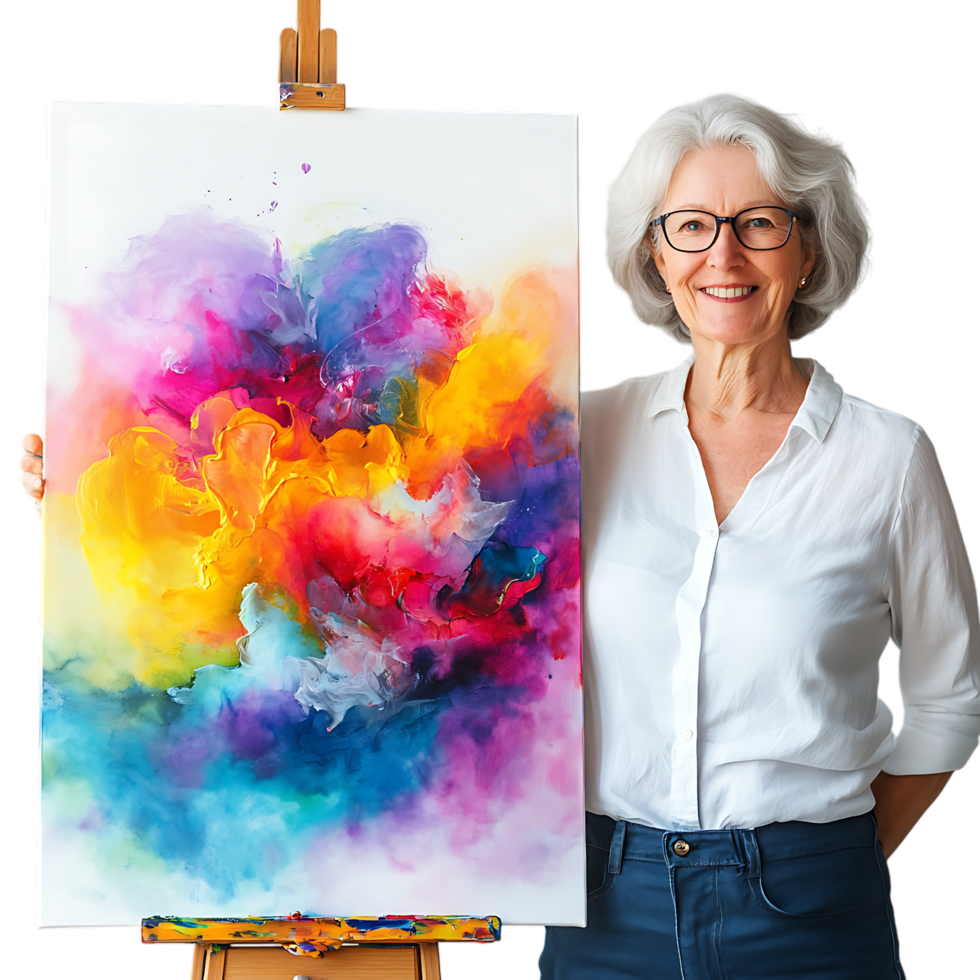 PNG Joyful Senior Artist Presenting a Vibrant Abstract Painting Against Transparent Background