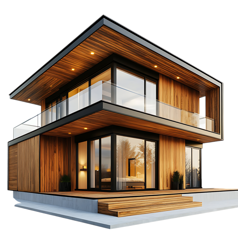 PNG Modern Wooden Two-Story House Architectural Design, Against Transparent Background