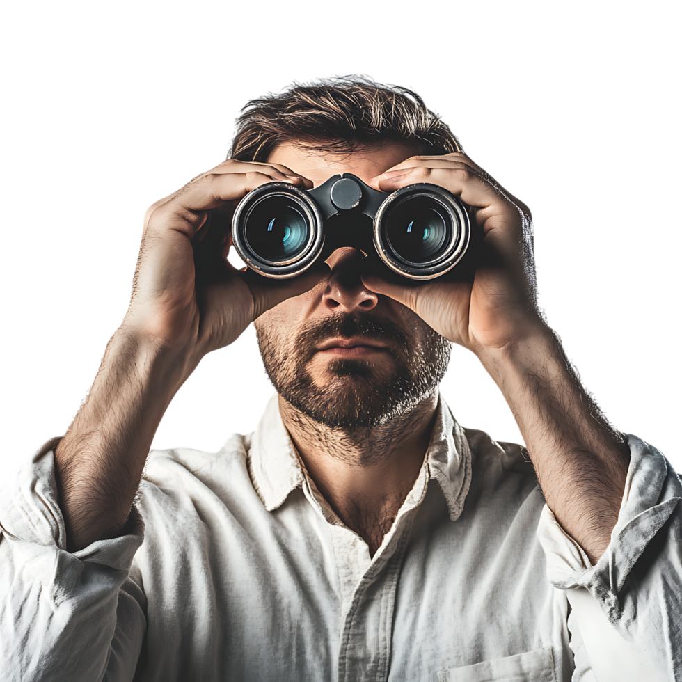 PNG Man Holding Binoculars and Looking Through Against Transparent Background