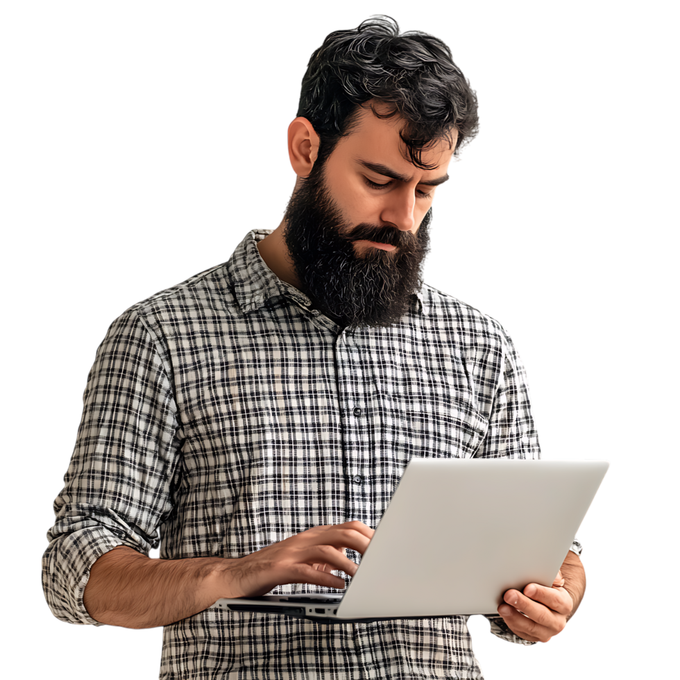 PNG Man with a Beard and Checkered Shirt Using a Laptop Against Transparent Background