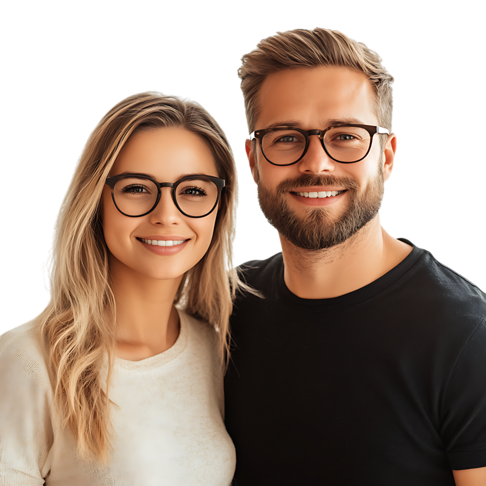 PNG Smiling Couple Wearing Glasses Posing Against Transparent Background