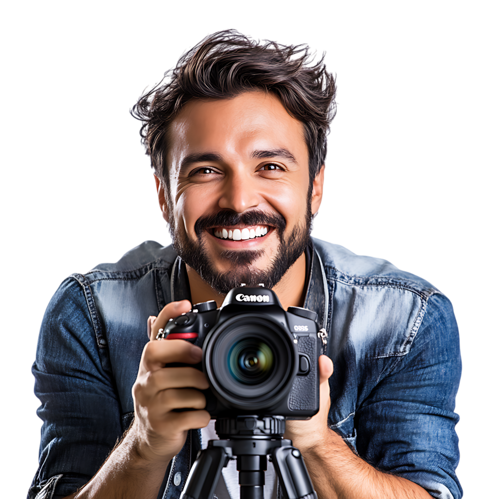 PNG Portrait of a Smiling Photographer with Camera on a Tripod Against Transparent Background