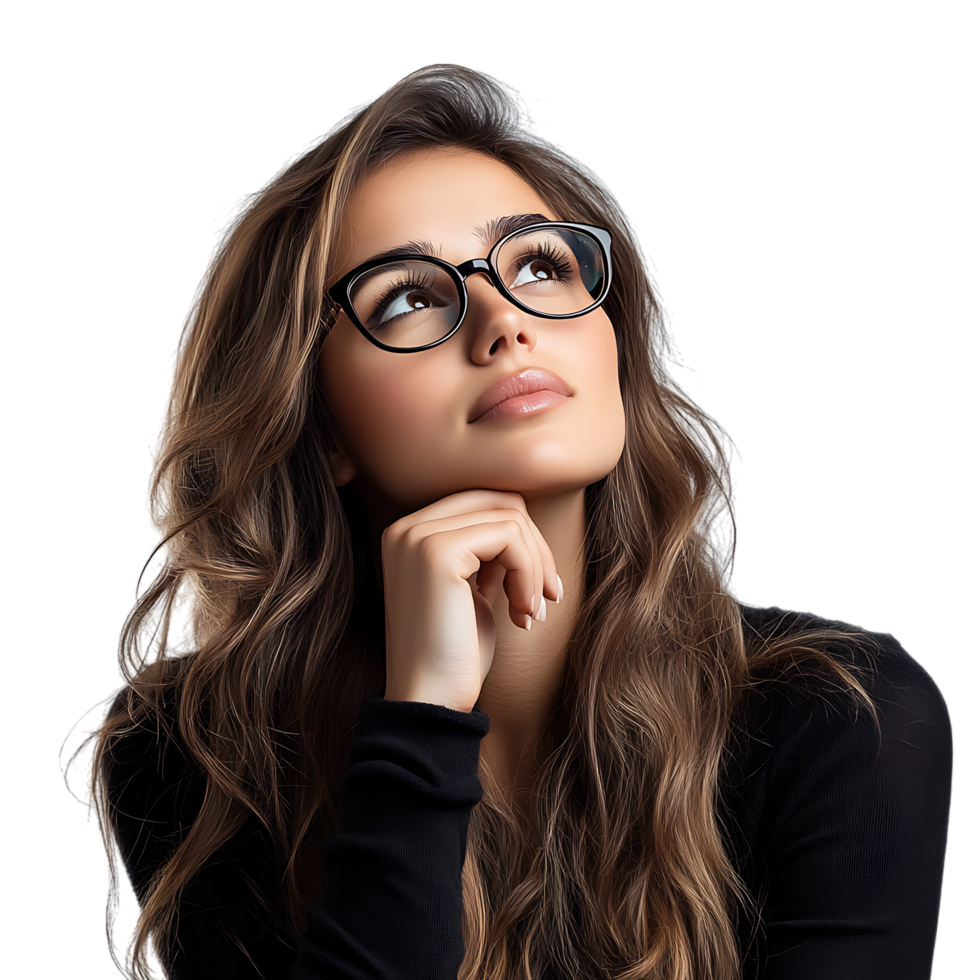 PNG Pensive Young Woman Wearing Glasses Touching Her Chin Against Transparent Background