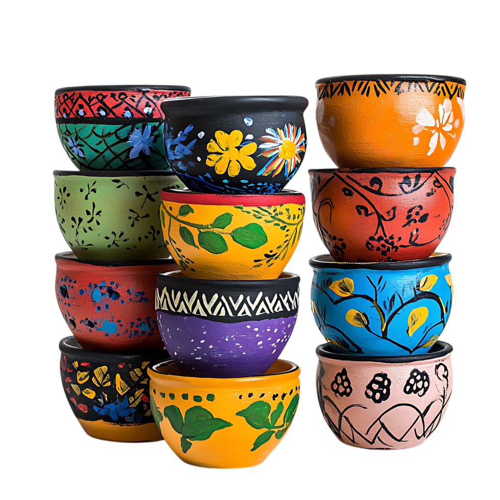 PNG Vibrant Hand-Painted Stacked Pots Against Transparent Background