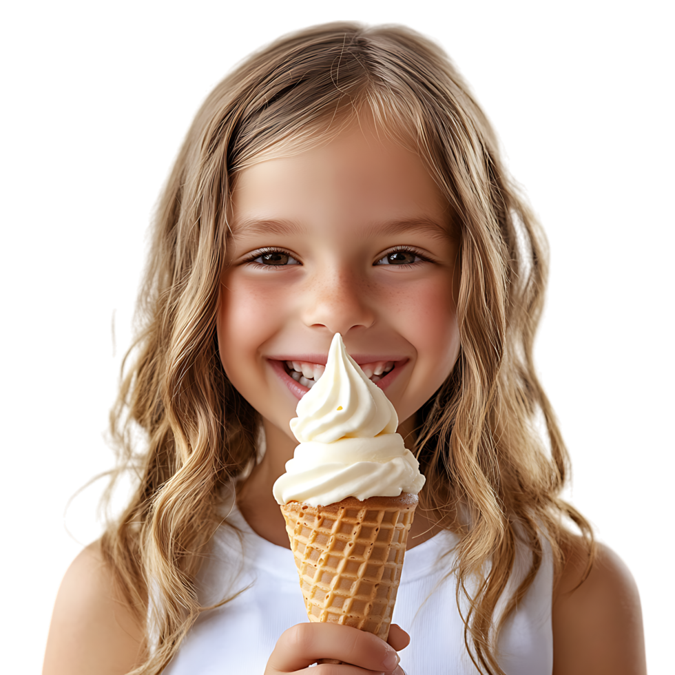 PNG Young Girl Enjoying a Vanilla Ice Cream Cone with a Smile Against Transparent Background for Dessert Branding, Summer Promotions, or Food-Themed Graphics