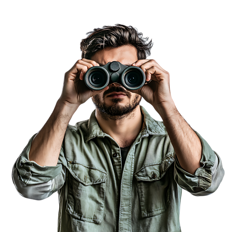 PNG Man Holding Binoculars and Looking Through Against Transparent Background