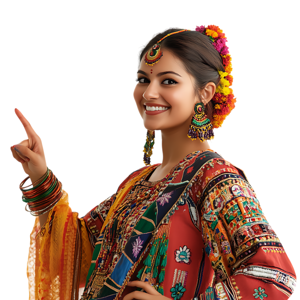 PNG Smiling Woman Adorned in a Traditional Outfit Pointing Towards Transparent Background