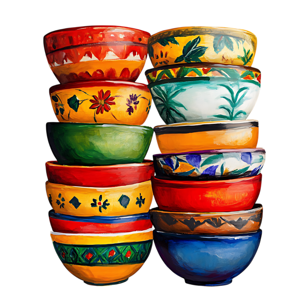 PNG Vibrant Hand-Painted Stacked Pots Against Transparent Background