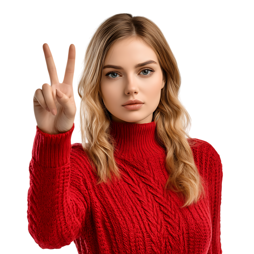 PNG Woman Making Stop Gesture in Red Sweater Against Transparent Background for Warning Signs, Awareness Campaigns, or Communication-Themed Graphics