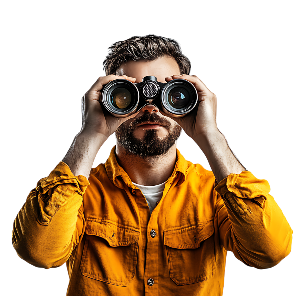 PNG Man Holding Binoculars and Looking Through Against Transparent Background