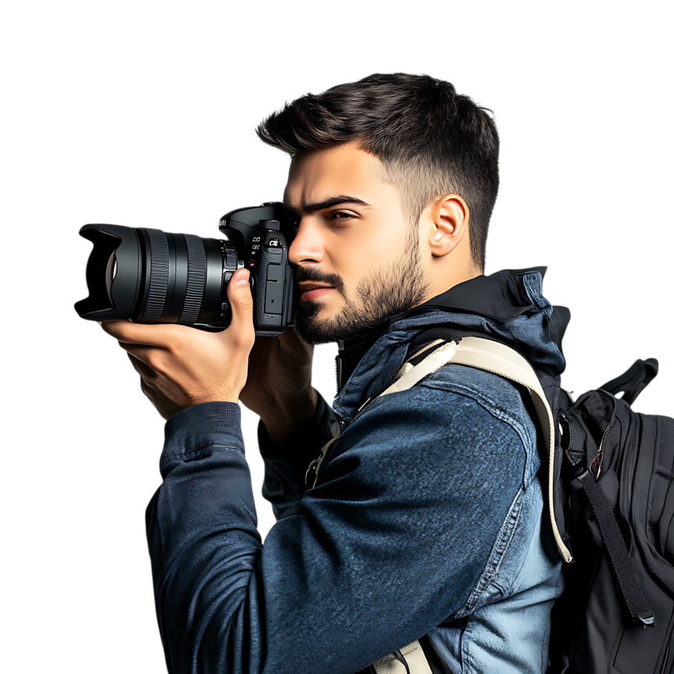 PNG Young Male Photographer with Camera Against Transparent Background for Photography Branding, Creative Industry Promotions, or Media Graphics