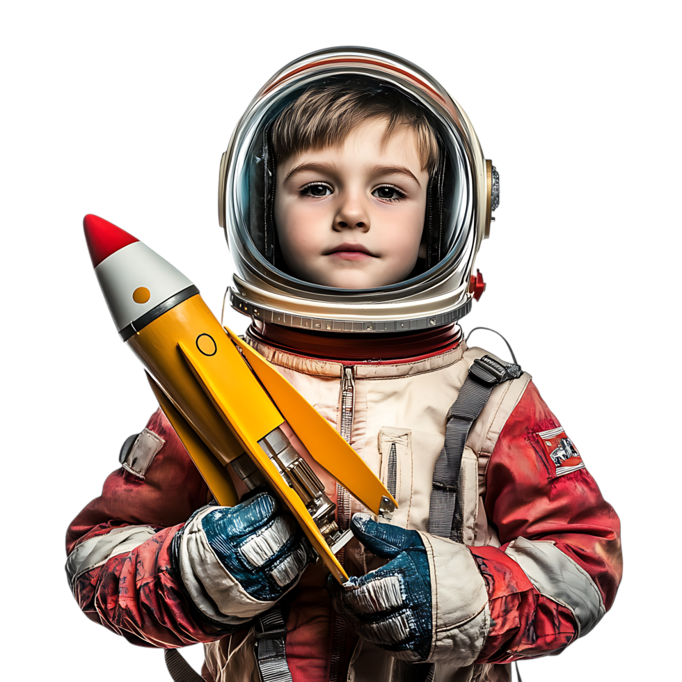 PNG Young Boy in a Space Suit Holding a Model Rocket Against Transparent Background for Space-Themed Designs, STEM Education Branding, or Science Promotions