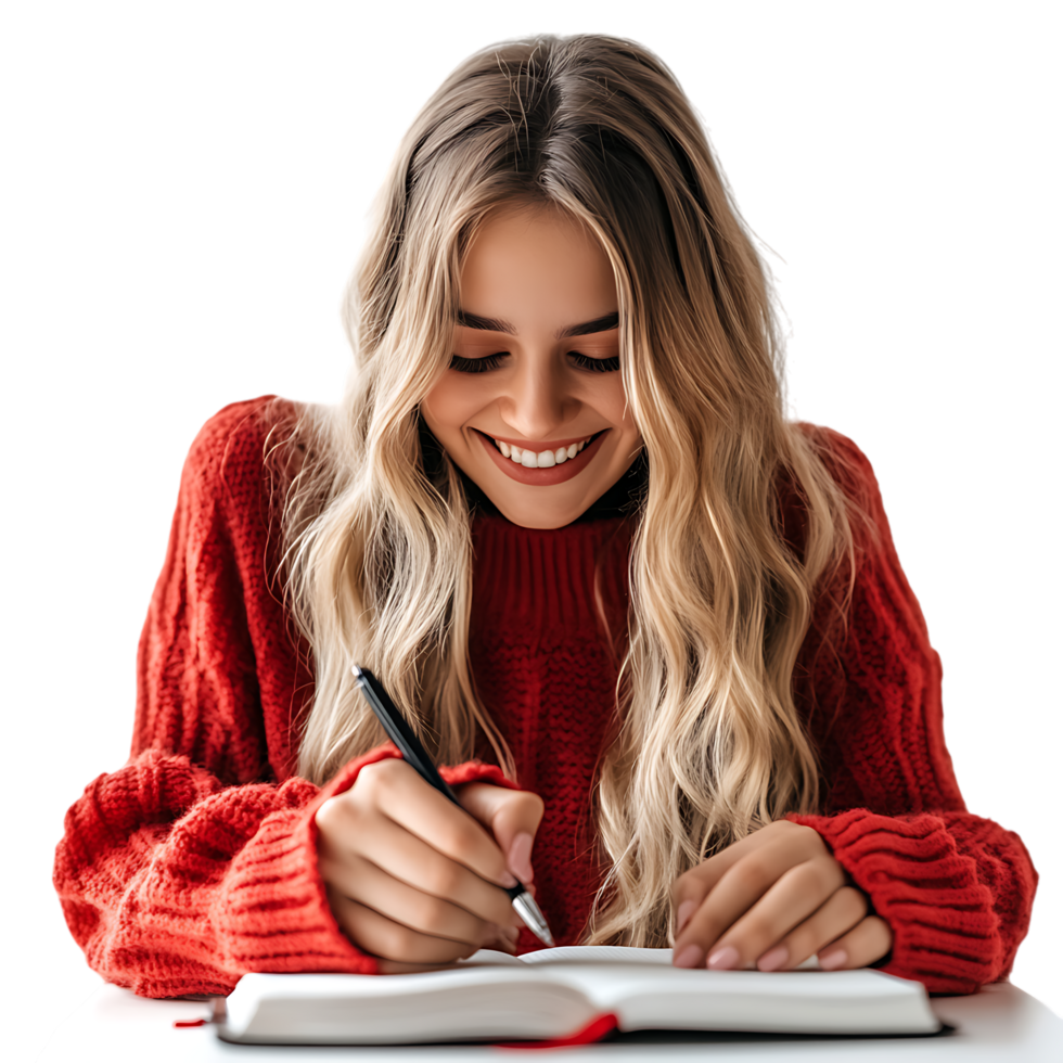 PNG Smiling Woman Writing in Notebook Against Transparent Background