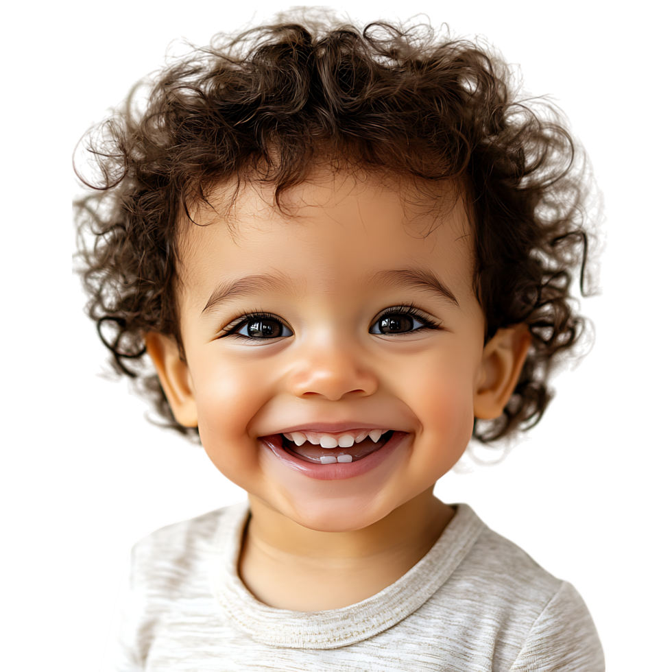 PNG Joyful Toddler Boy Smiling with Cute Curly Hair Against Transparent Background