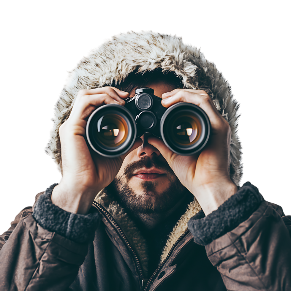 PNG Man Holding Binoculars and Looking Through Against Transparent Background