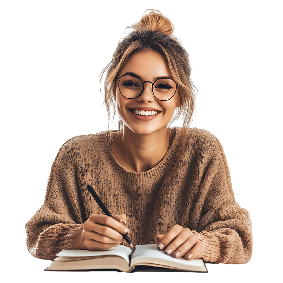 PNG Smiling Woman Writing in Notebook Against Transparent Background