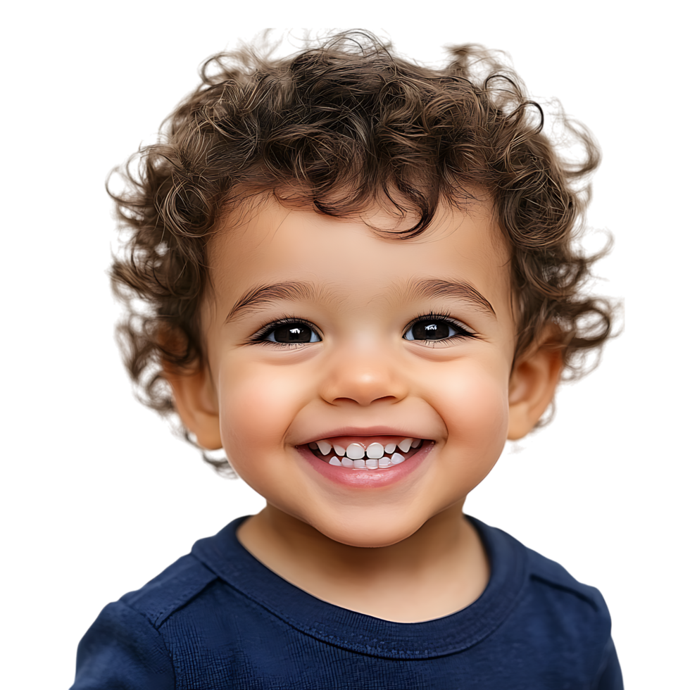PNG Joyful Toddler Boy Smiling with Cute Curly Hair Against Transparent Background