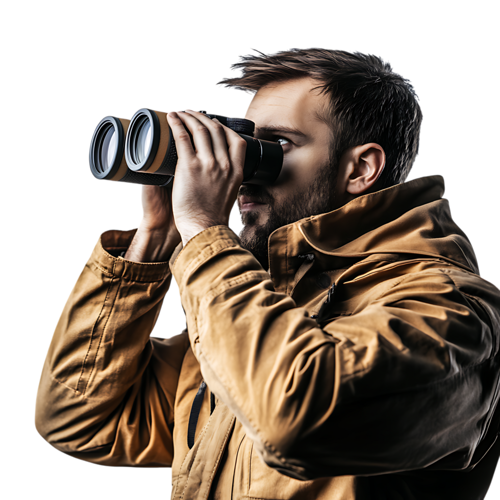 PNG Man Holding Binoculars and Looking Through Against Transparent Background