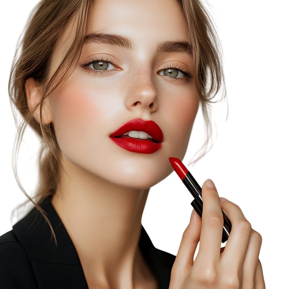 PNG Young Woman Applying Red Lipstick with Precision Against Transparent Background for Beauty Branding, Makeup Promotions, or Cosmetics-Themed Graphics