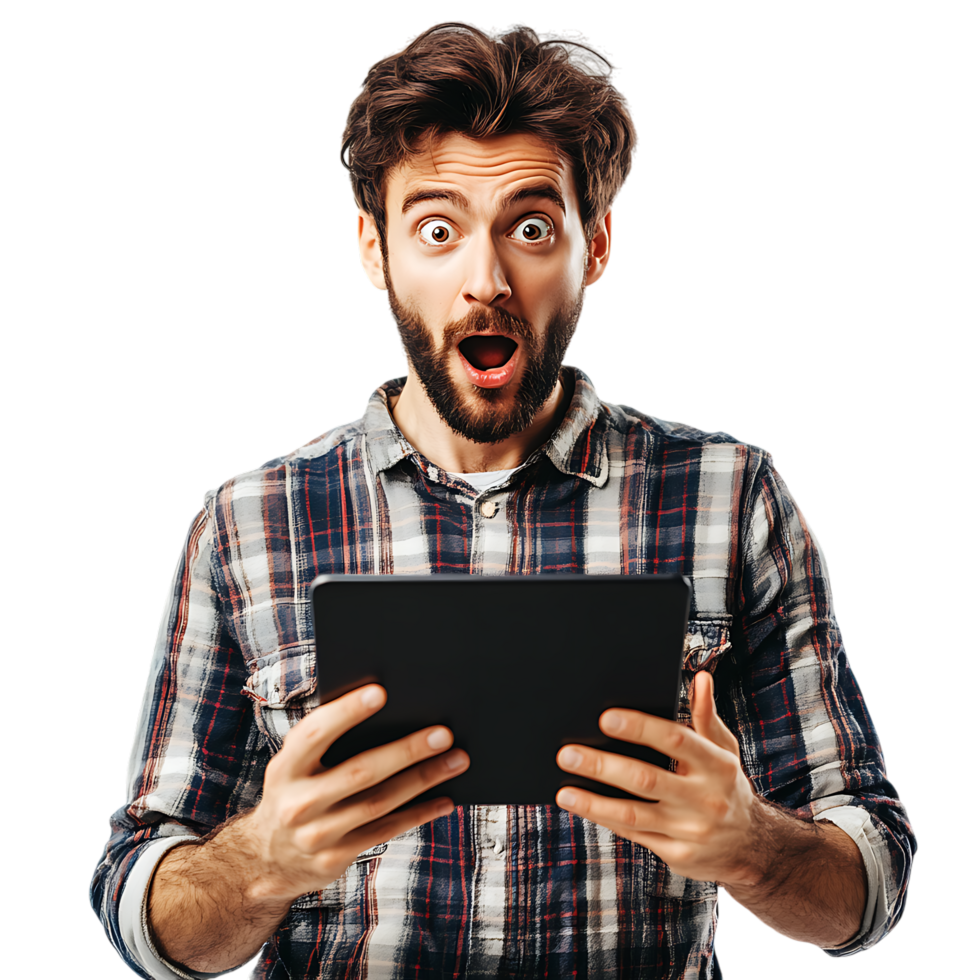 PNG Man Expressing Surprise While Holding a Digital Tablet Against Transparent Background
