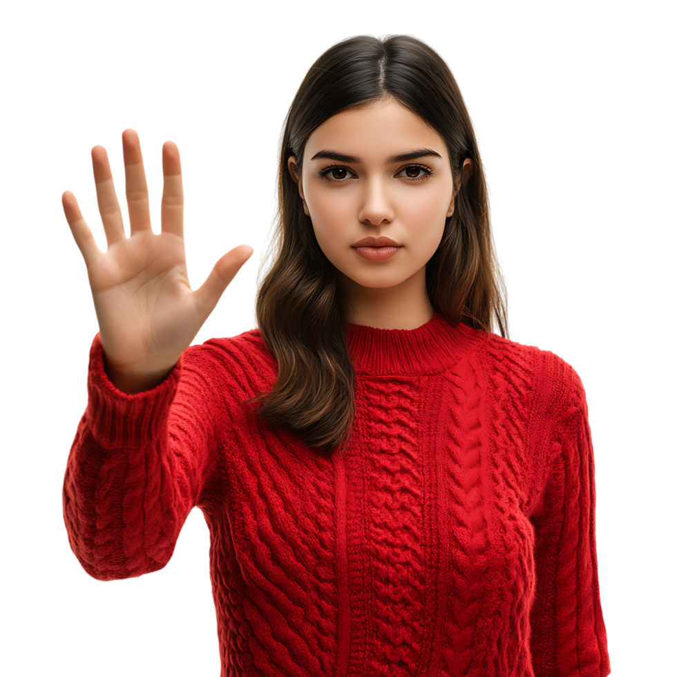 PNG Woman Making Stop Gesture in Red Sweater Against Transparent Background for Warning Signs, Awareness Campaigns, or Communication-Themed Graphics