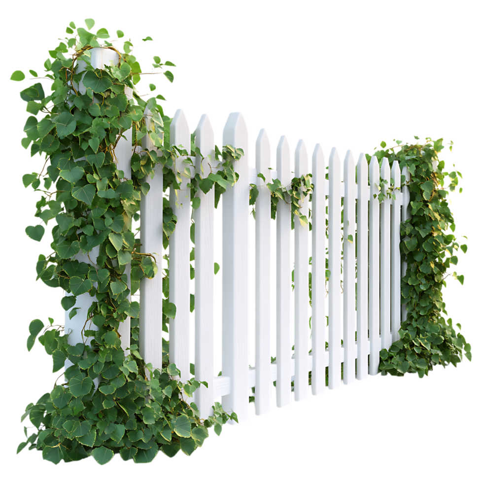 PNG White Picket Fence with Lush Greenery A Perfect Garden Scene Against Transparent Background for Landscaping, Home Decor, or Countryside-Themed Designs