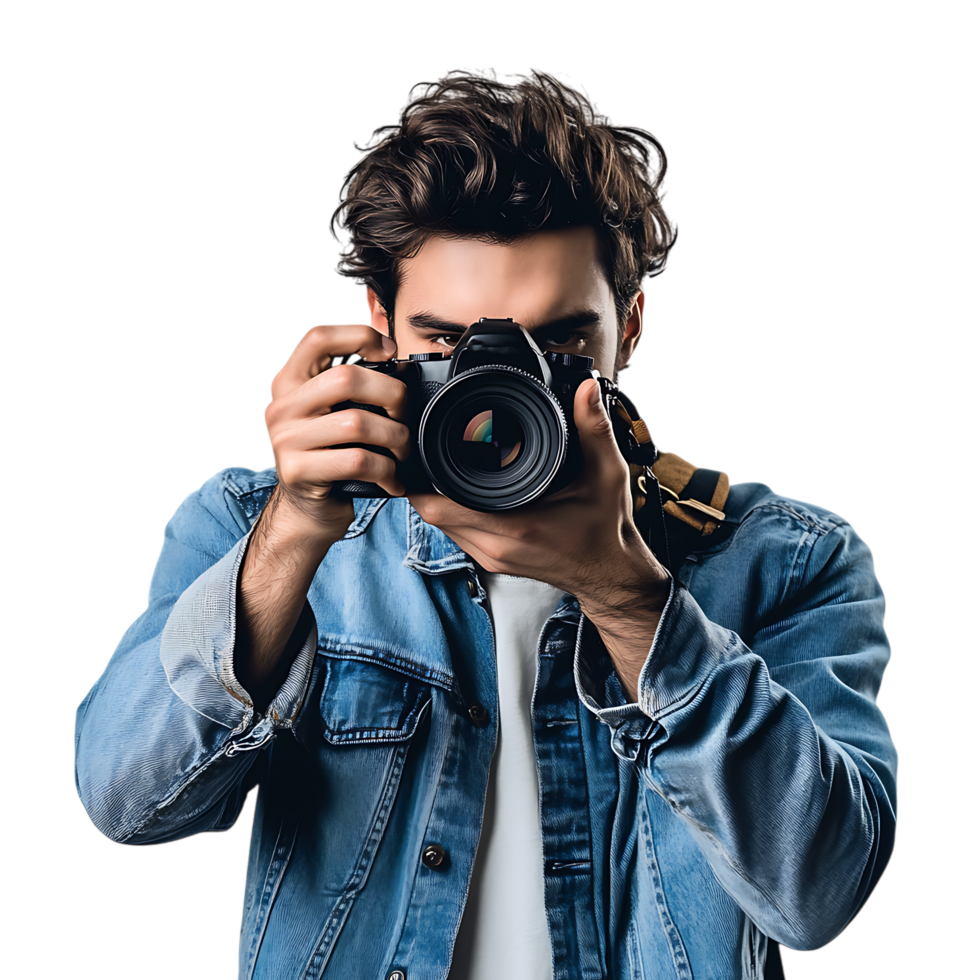 PNG Young Male Photographer with Camera Against Transparent Background for Photography Branding, Creative Industry Promotions, or Media Graphics