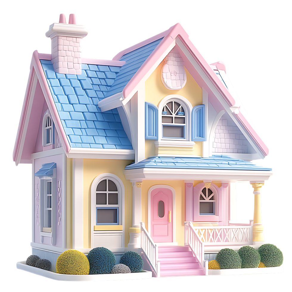 PNG Pastel Dream House A 3D Render of a Cute Cartoonish Home Against Transparent Background