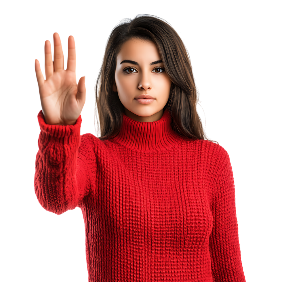 PNG Woman Making Stop Gesture in Red Sweater Against Transparent Background for Warning Signs, Awareness Campaigns, or Communication-Themed Graphics