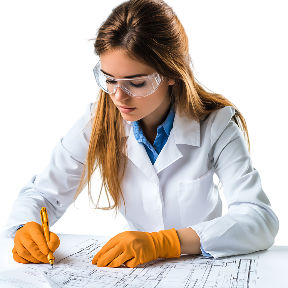 PNG Young Female Engineer Reviewing Blueprints with Focus Against Transparent Background for Architecture Branding, STEM Education, or Construction-Themed Graphics