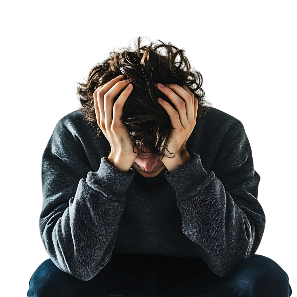PNG Person Feeling Depressed and Showing Signs of Sadness Against Transparent Background