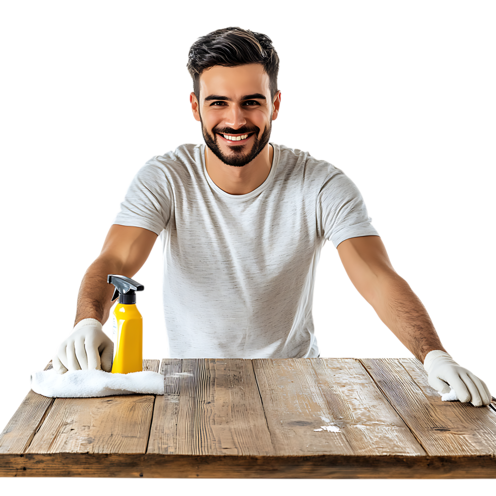 PNG Smiling Man Cleaning Wooden Table with Spray and Cloth Against Transparent Background
