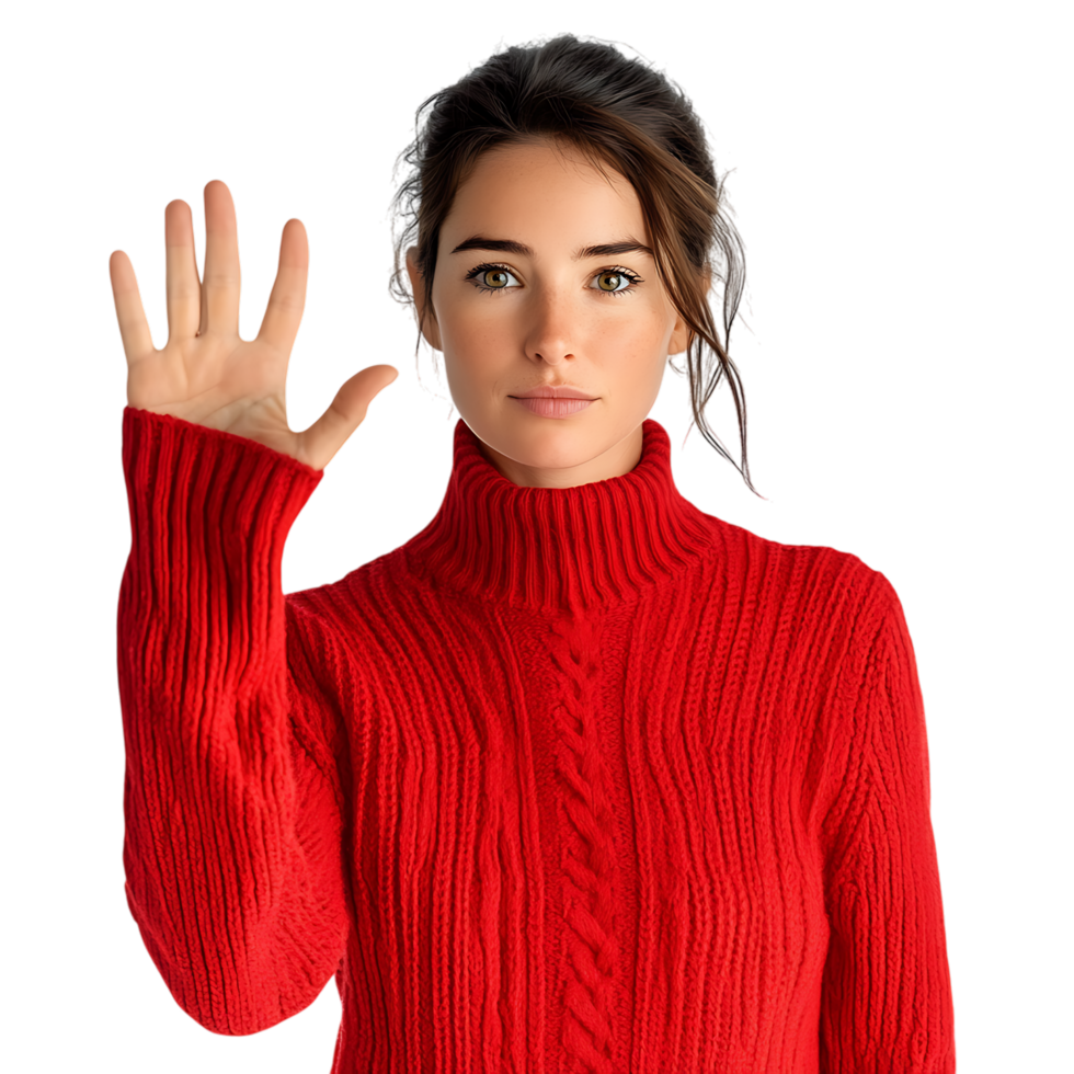 PNG Woman Making Stop Gesture in Red Sweater Against Transparent Background for Warning Signs, Awareness Campaigns, or Communication-Themed Graphics