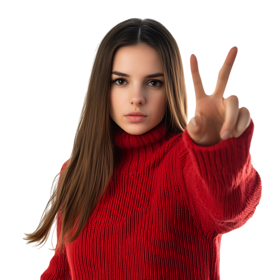 PNG Woman Making Stop Gesture in Red Sweater Against Transparent Background for Warning Signs, Awareness Campaigns, or Communication-Themed Graphics