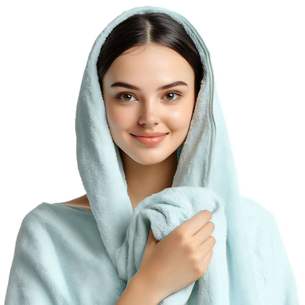 PNG Young Woman Holding Towel Against Transparent Background for Skincare Branding, Wellness Promotions, or Self-Care Graphics