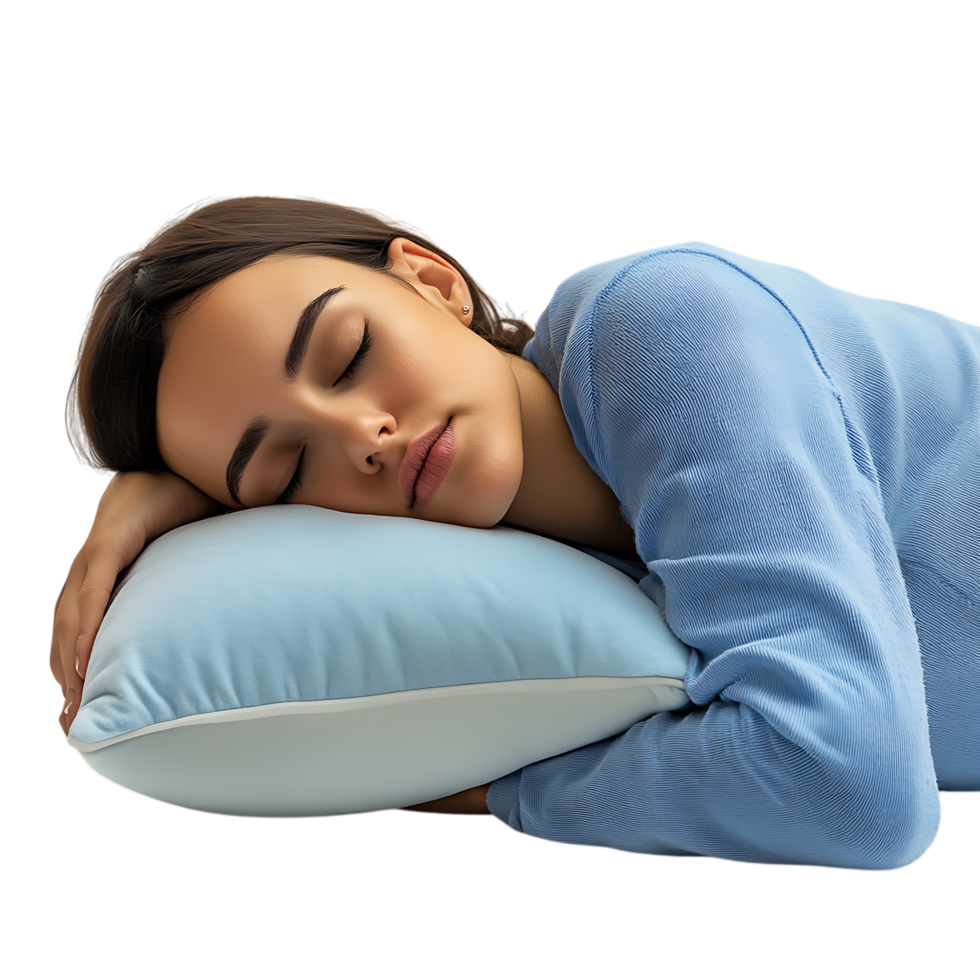 PNG Person Feeling Tired and Sleepy Resting on a Pillow Against Transparent Background