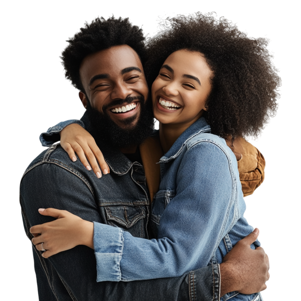 A couple hugging and smiling in front of a screen png